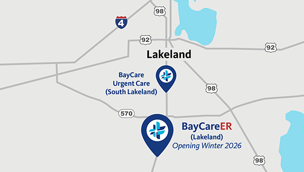 Map with two pins on it for BayCare Urgent Care and BayCareER in Lakeland
