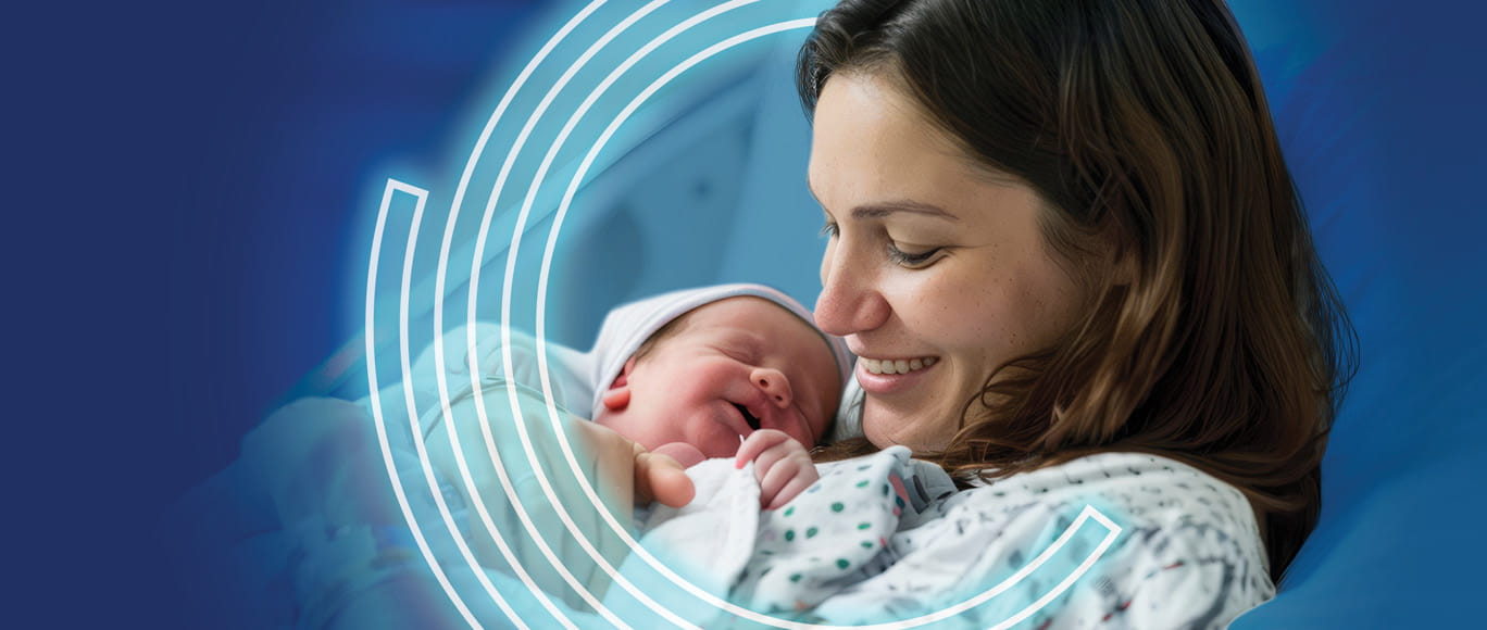 Mother and infant surrounded by circular graphics.