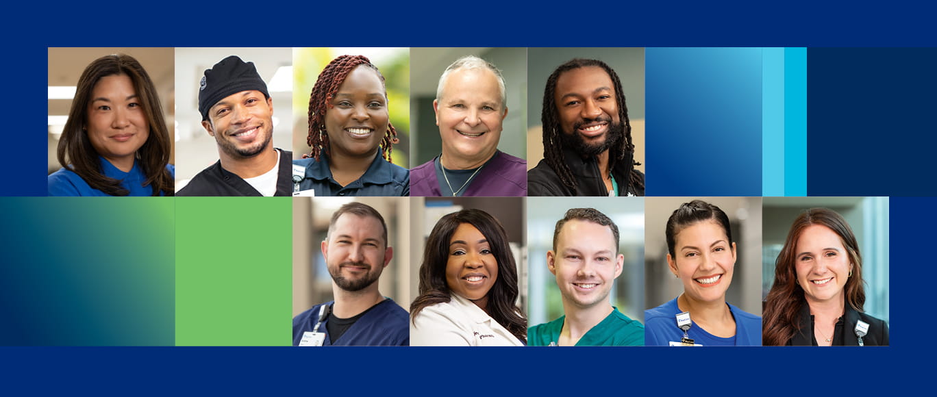 Collage with diverse group of health care team members' headshots.