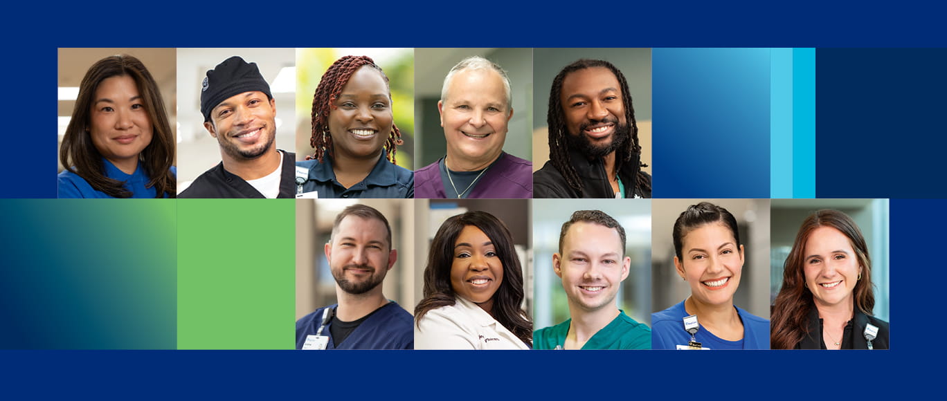 Collage with diverse group of health care team members' headshots.