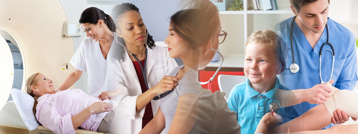 a collage of doctors and patients in different medical facilities