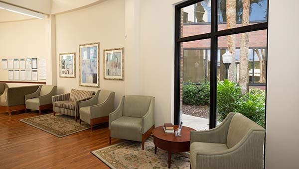 hospital lobby with a windowed view of the courtyard