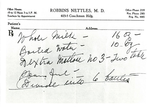 A copy of the 1939 prescription for formula for the McMullen Twins