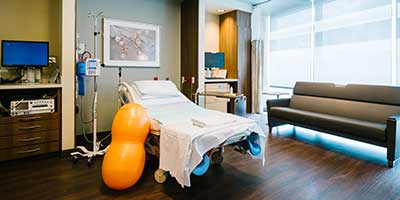 Labor and delivery room with birthing ball.