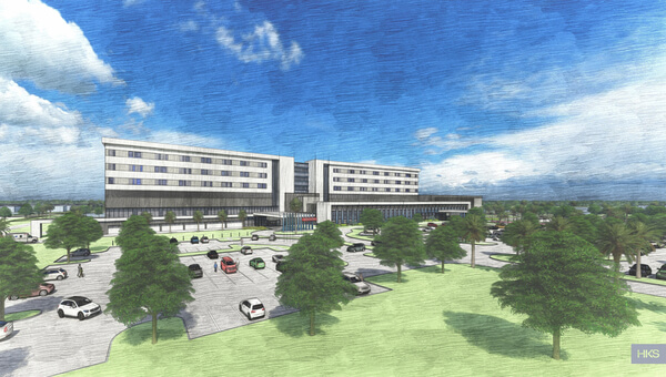Distant side view of new plan for South Florida Baptist Hospital.