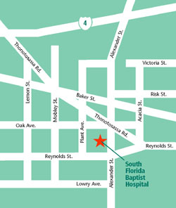 Map locating South Florida Baptist Hospital