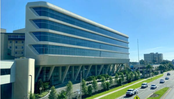 A view of the new tower at St. Joseph's Hospital from the new pedestrian bridge