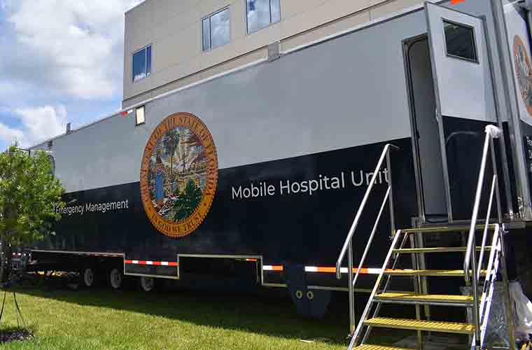 Stairs and open door of the mobile ICU unit at Winter Haven Hospital