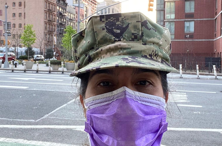 NYC Naval Reservist Christina Martinez wearing a mask in empty NY streets