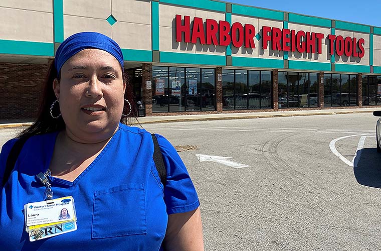 BayCare Nurse Laura Matias standing outside Harbor Freight Tools