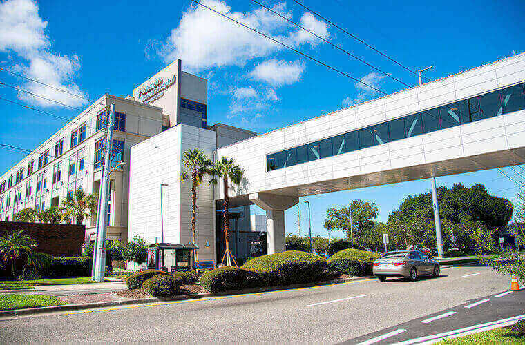 A pedestrian bridge connects St. Joseph’s Hospital with St. Joseph’s Women’s Hospital