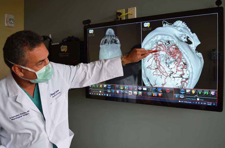 Dr. Gabriel Gonzales-Portillo points to a screen with an image of a brain.