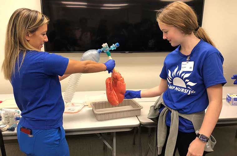 In the respiratory therapy session, students got to see pigs’ lungs and even touch them. 