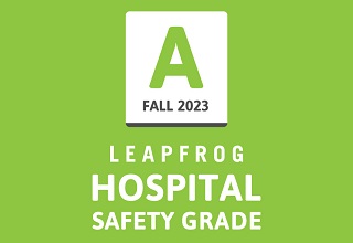 Bright green, white and black logo for the Fall 2023 Leapfrog Hospital Safety Grade A.