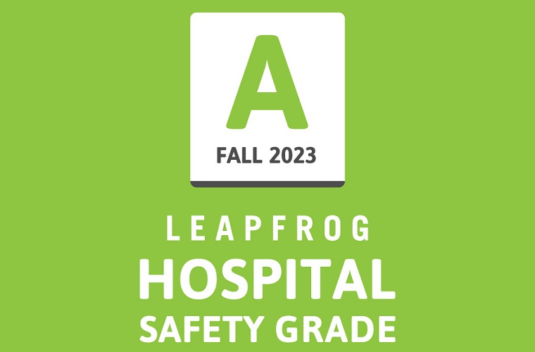 Bright green, white and black logo for the Fall 2023 Leapfrog Hospital Safety Grade A.