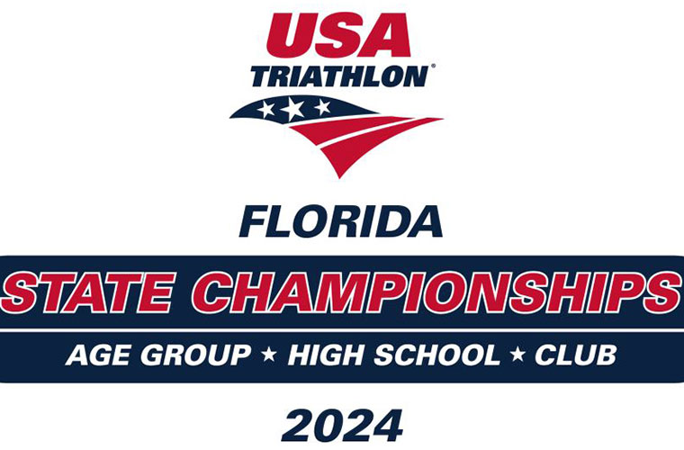 Logo for the USA Triathlon State Championships. The text reads USA Triathlon Florida State Championships Age Group High School Club 2024
