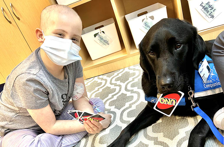 A young patient smiles behind a mask while playing cards with a black Labrador Retriever.