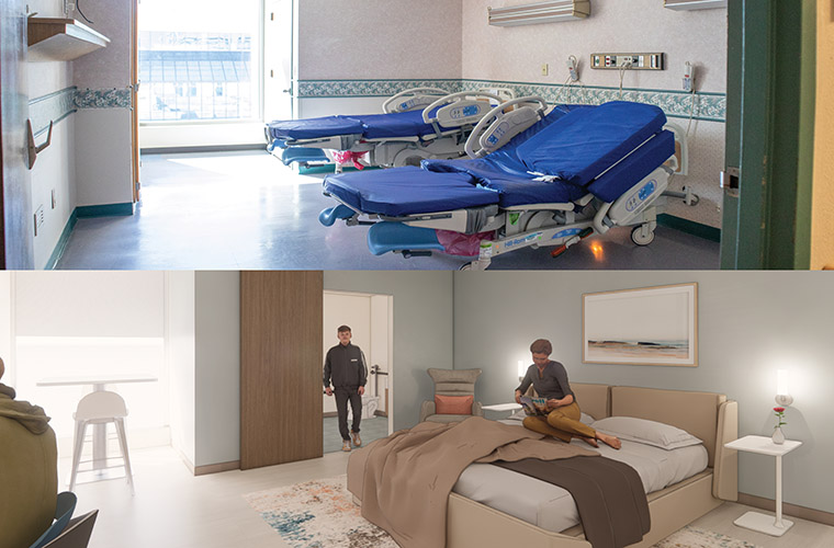 Image of a hospital room before renovation and below it is a rendering of renovated bedroom. 