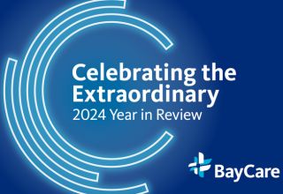 A visual representation of key moments and milestones from 2024. The image has a dark blue background, with the BayCare Effect logo in the center with the words Celebrating the Extraordinary 2024 Year in Review inside. On the bottom right corner is the BayCare logo.