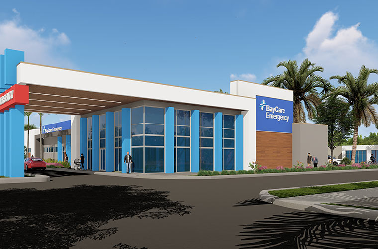 An artist’s rendering depicts a one-story building with a blue sky and palm trees as a backdrop. Signage on the building reads “BayCare Emergency.”