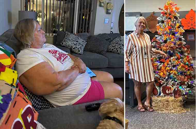 Split screen, the left photo is a seated Kathleen at heavy weight before her weight loss surgery. The right photo is slimmed down Kathleen standing. 