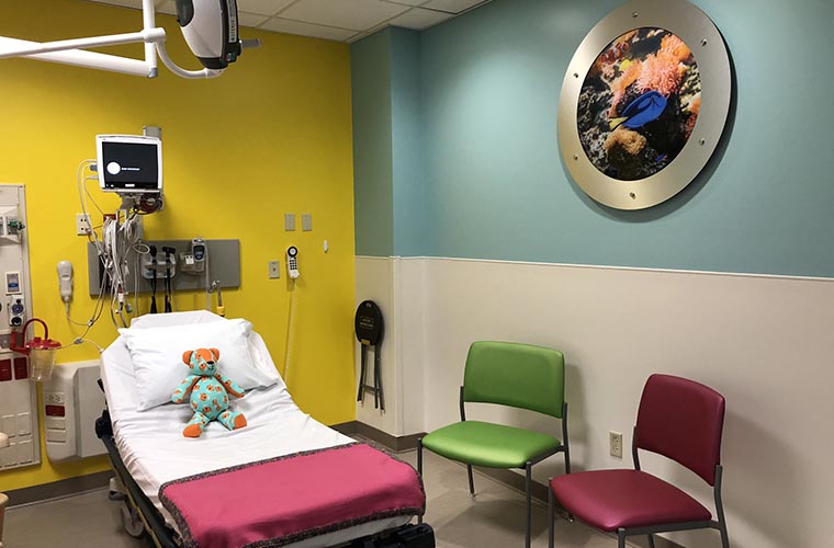 A colorful private room provides a child-friendly  environment in the Mease Countryside Hospital Pediatric Emergency Room.  