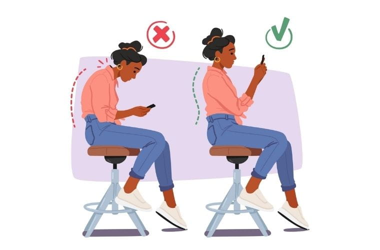 Vector image of a woman sitting on a stool hunched over looking at a cell phone versus her holding her phone closer to eye level and sitting up straight, illustrating improving her posture.
