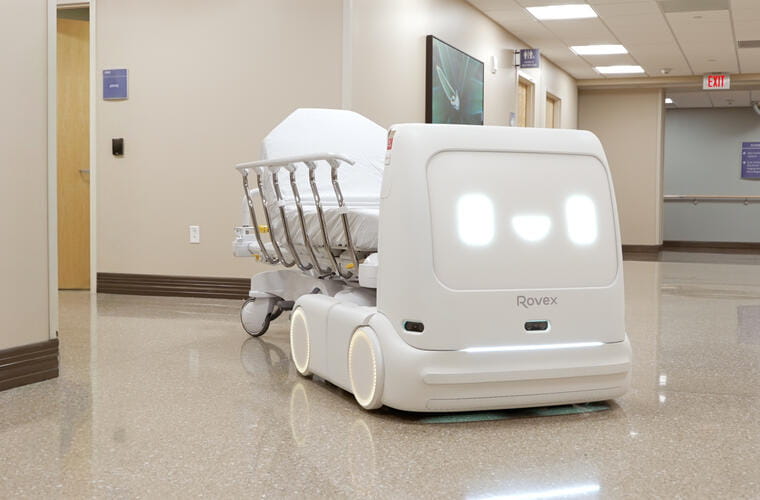 Autonomous robotic transport system moving through BayCare’s Morton Plant Hospital hallway. 
