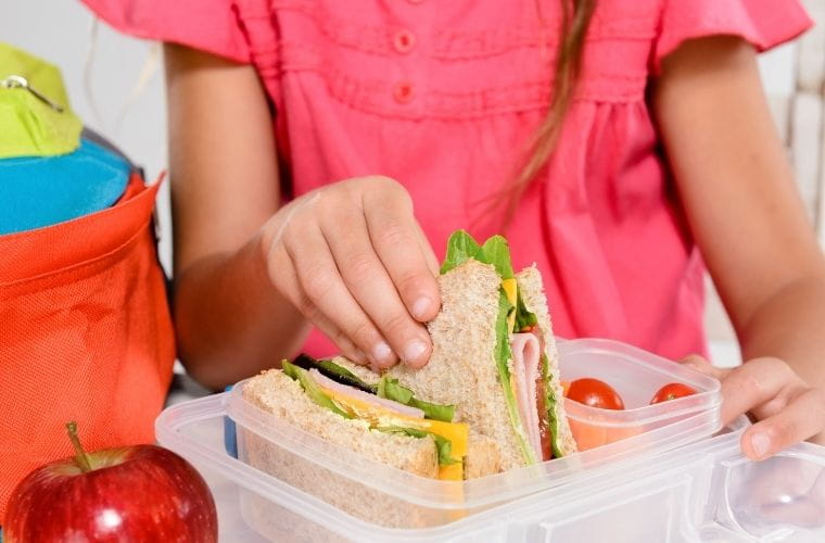Close-up of a child packing a healthy lunch, placing a sandwich into a lunch container filled with a sandwich and cherry tomatoes. A red apple and colorful lunch bag sit beside the container.