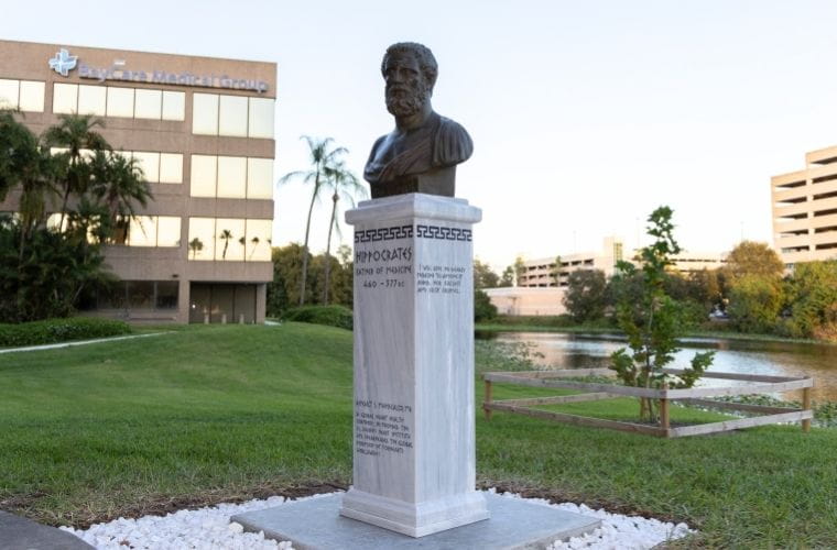 A bust of Hippocrates stands near a newly planted tree outside a BayCare Medical Group building.