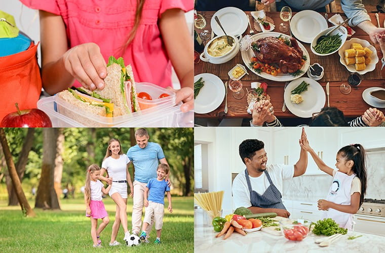 A collage photo showing food, families and a large holiday meal.
