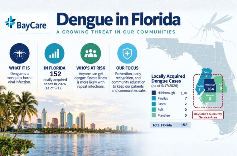 BayCare infographic about dengue in Florida showing that dengue is a mosquito-borne viral infection, reporting 152 locally acquired Florida cases as of Sept. 17, 2026, and displaying a map of BayCare’s five-county service area with case counts by county, including Hillsborough and Pinellas counties.
