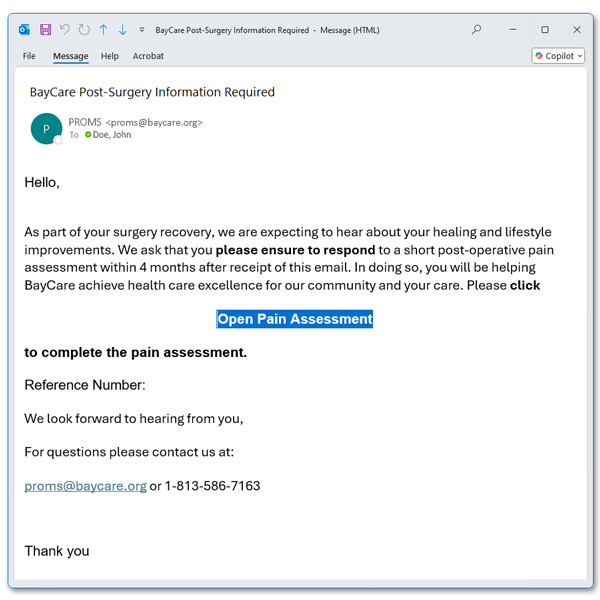 An image of a legitimate email from proms@baycare.org with a request to fill out an Open Pain Assessment. 