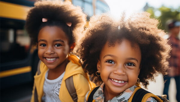 Two young black girls smiling outside along a school bus