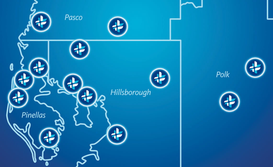 Decorative Map with BayCare Locations indicated throughout west central Florida