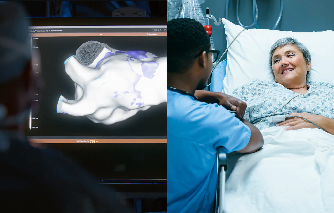 An image cut in half with the left side featuring a cardiac scan and the right side featuring a nurse alongside a patient.