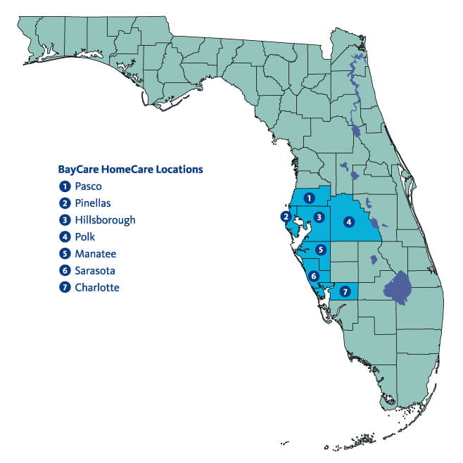 A map showing that BayCare HomeCare Services are located in Pasco, Pinellas, Hillsborough, Polk, Manatee, Sarasota and Charlotte counties in West Central Florida.