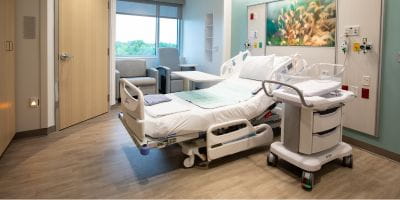 A bed in the mom and baby room in the South Florida Baptist Hospital