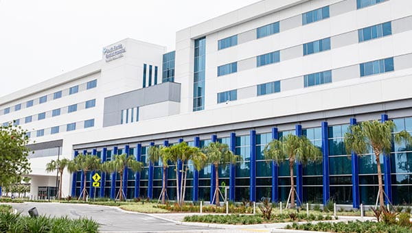 An exterior view of South Florida Baptist Hospital.