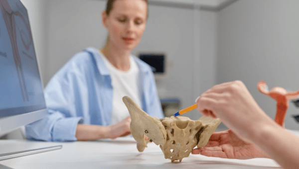 physician tapping a model pelvic bone with pencil